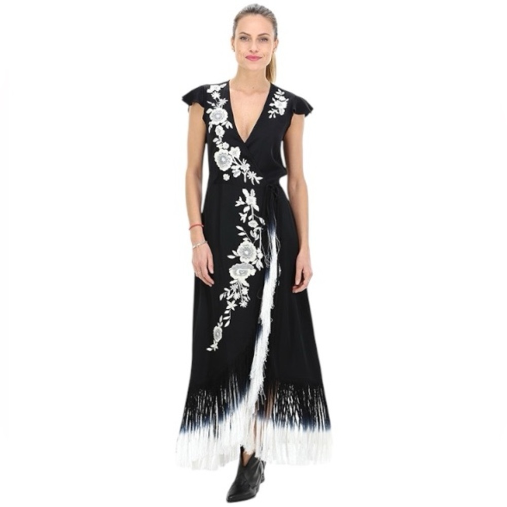 VENUS Black w/ White Embroidered Floral Asymmetric Fringe Wrap Midi Dress Size 8 - Picture 4 of 11